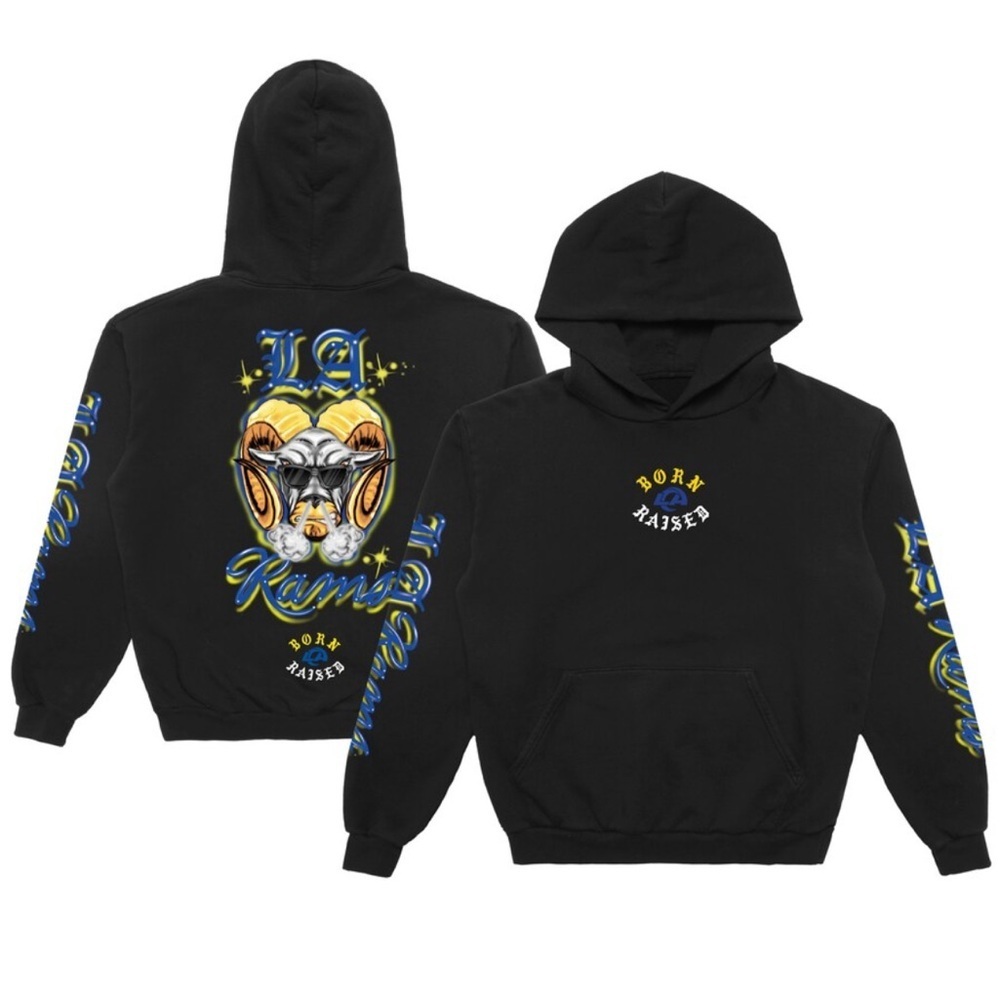 LA Rams Born x Raised Black Airbrushed Rampage Pullover Hoodie